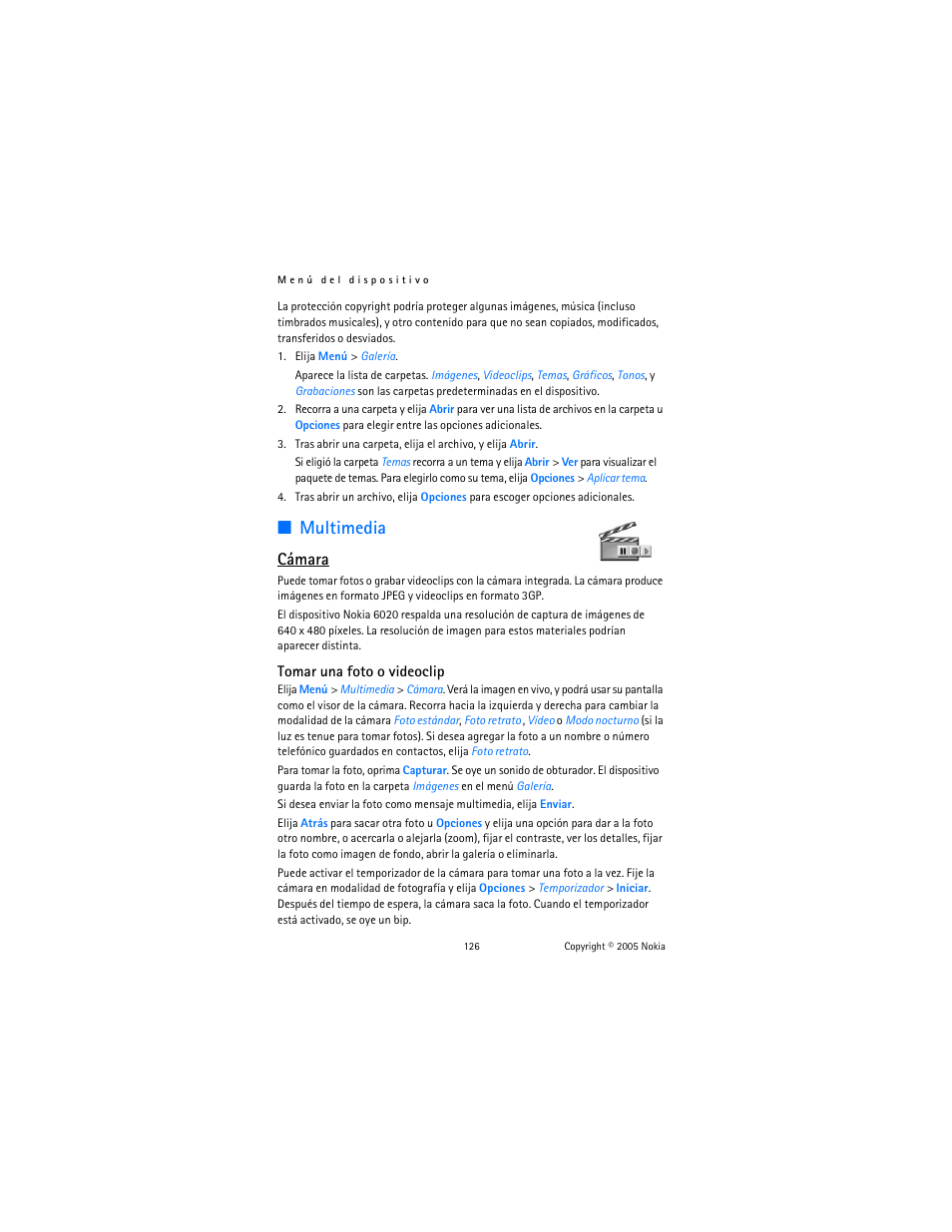 Multimedia, R "cámara," pág. 126, Cámara | Nokia 6020 User Manual | Page 127 / 161