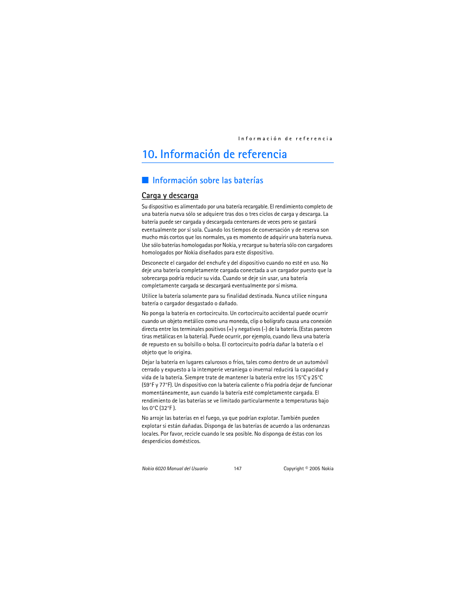 Información de referencia, Información sobre las baterías, Carga y descarga | Nokia 6020 User Manual | Page 148 / 161