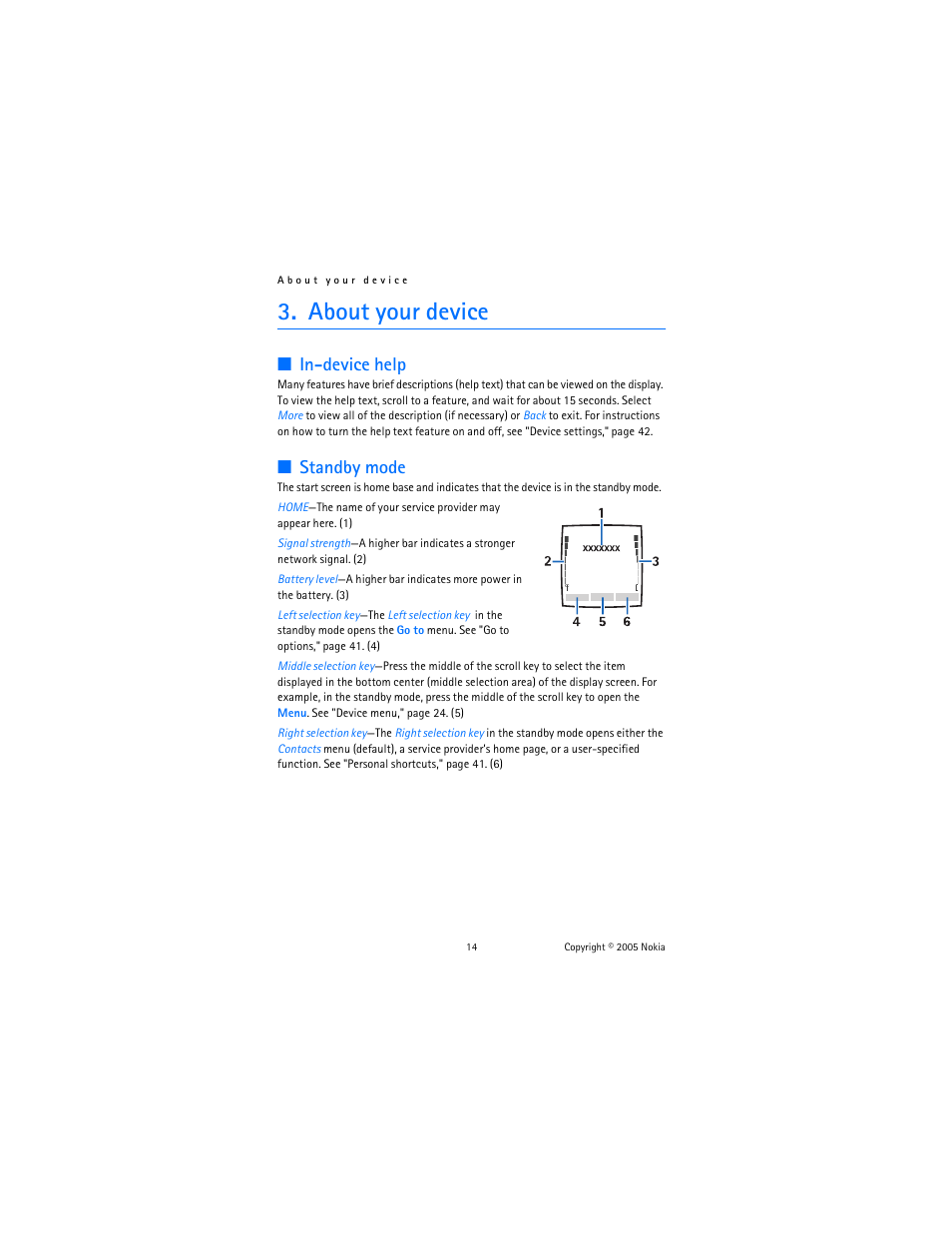 About your device, Indevice help, Standby mode | In-device help standby mode, In-device help | Nokia 6020 User Manual | Page 15 / 161