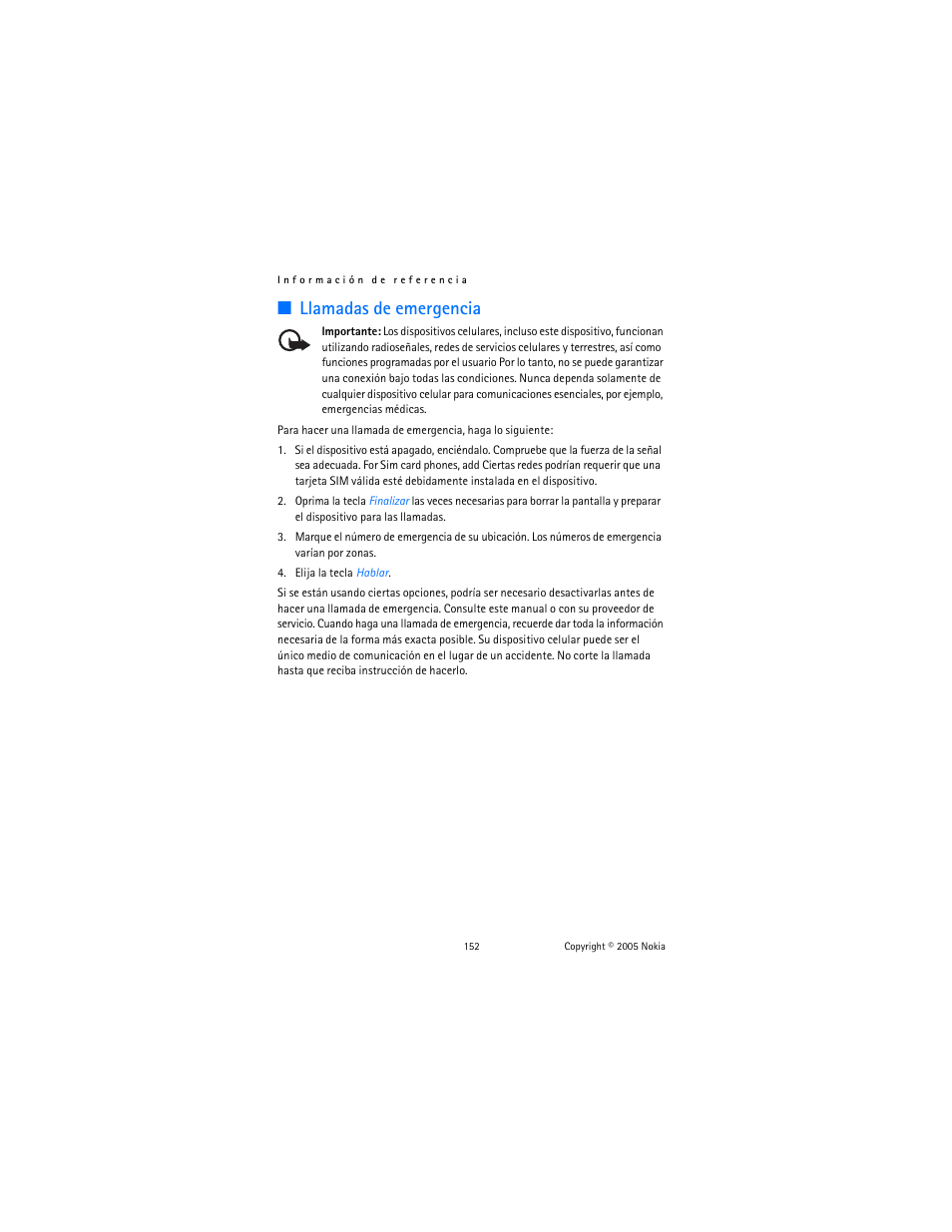 Llamadas de emergencia | Nokia 6020 User Manual | Page 153 / 161