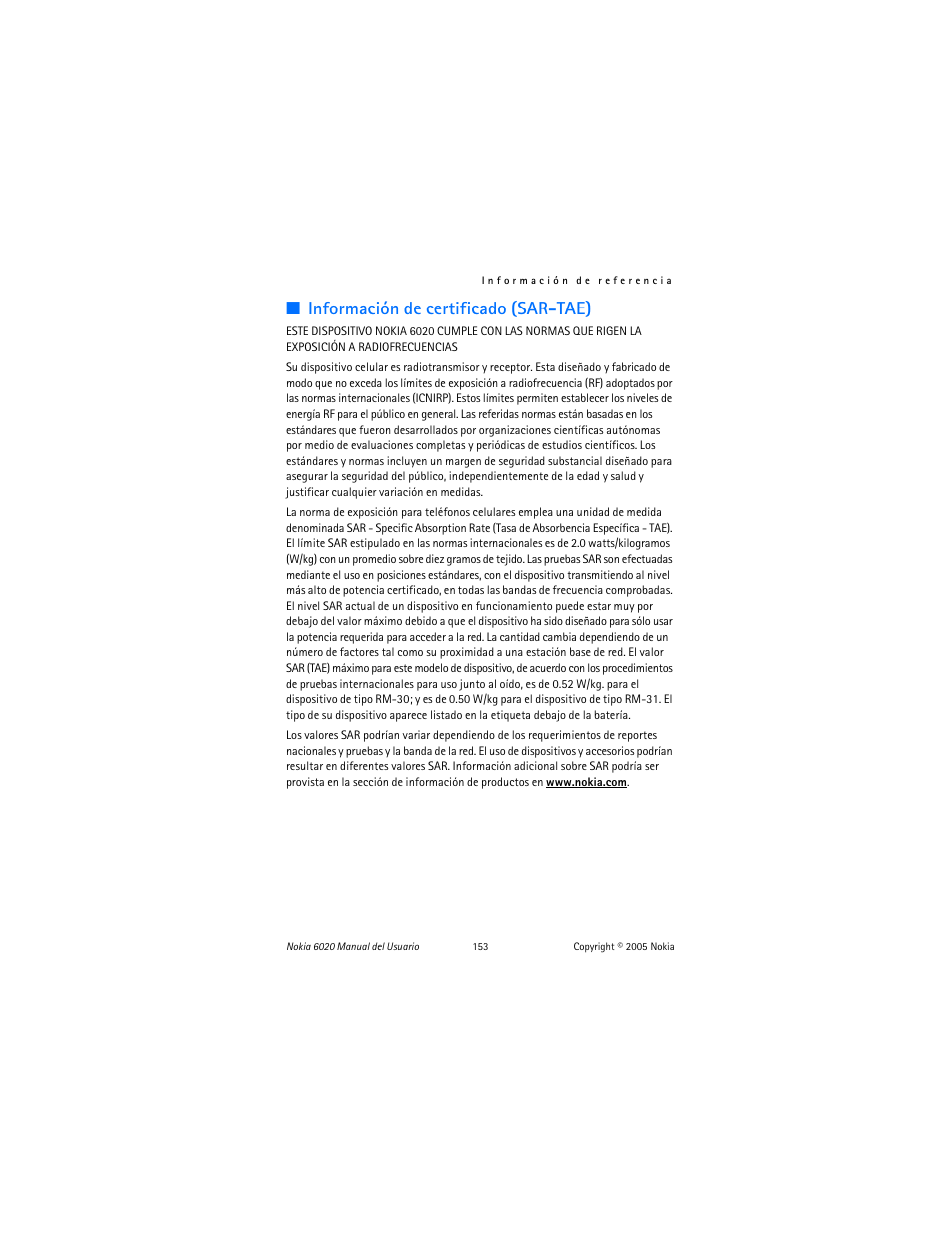 Información de certificado (sar-tae) | Nokia 6020 User Manual | Page 154 / 161