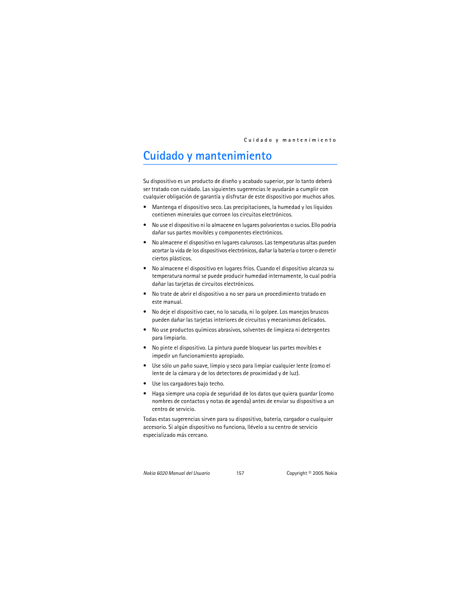 Cuidado y mantenimiento | Nokia 6020 User Manual | Page 158 / 161