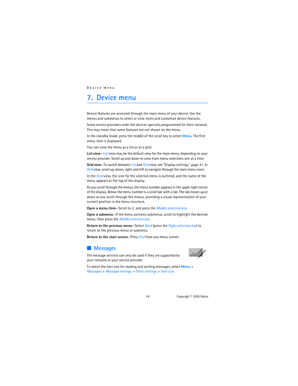 Device menu, Messages | Nokia 6020 User Manual | Page 25 / 161