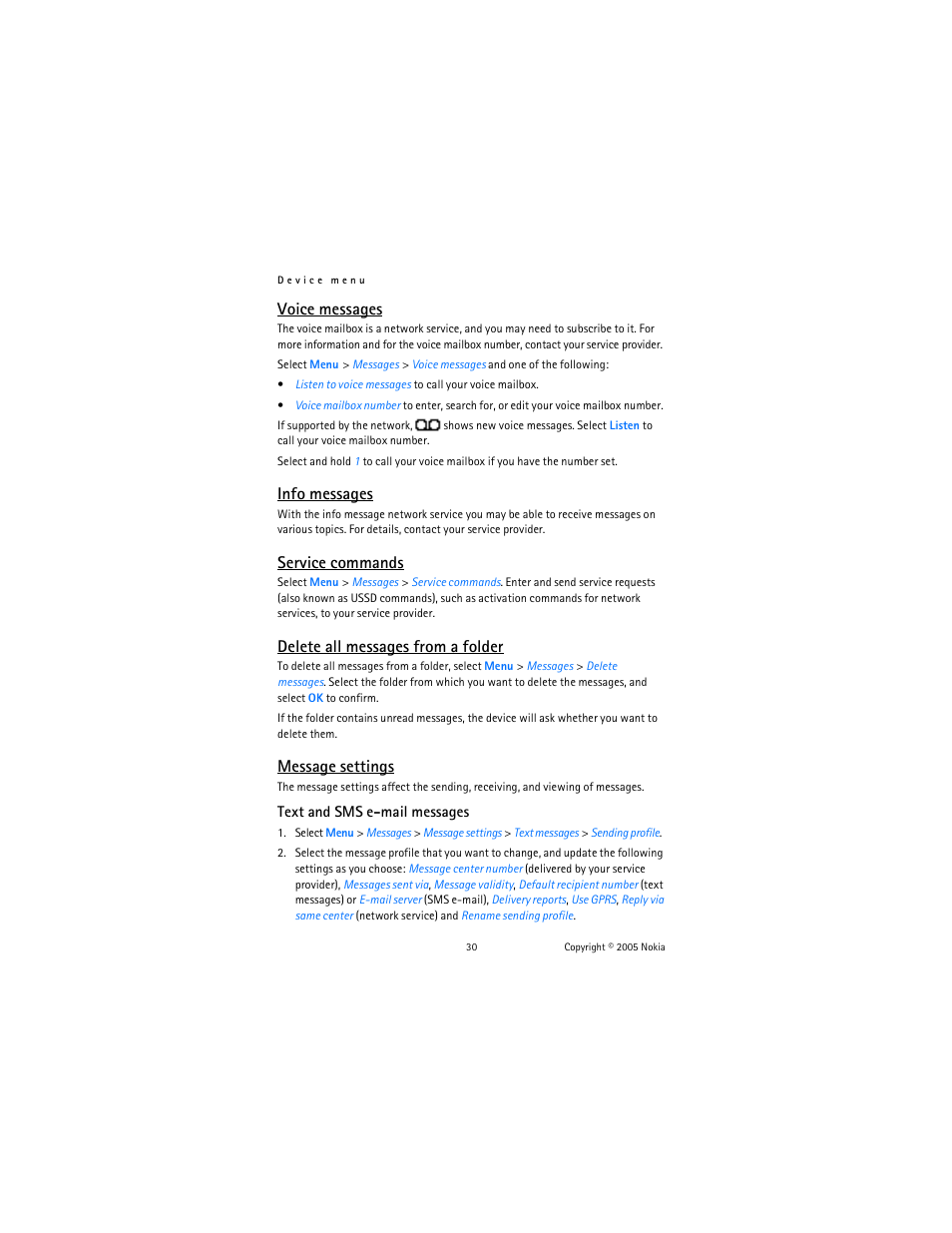 Text and sms e-mail messages, Voice messages, Info messages | Service commands, Delete all messages from a folder, Message settings | Nokia 6020 User Manual | Page 31 / 161