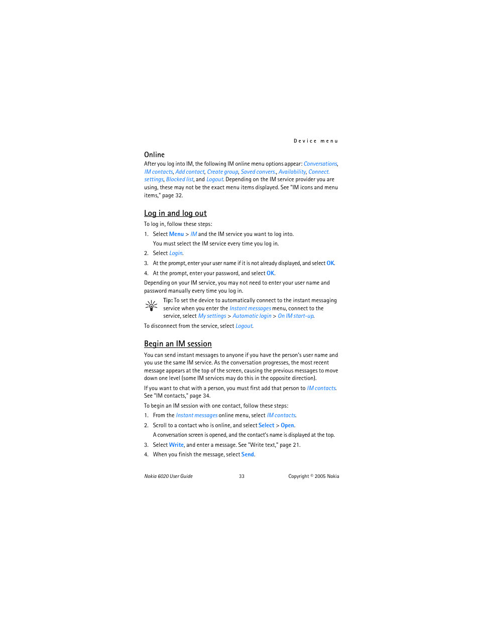 Log in and log out, Begin an im session | Nokia 6020 User Manual | Page 34 / 161