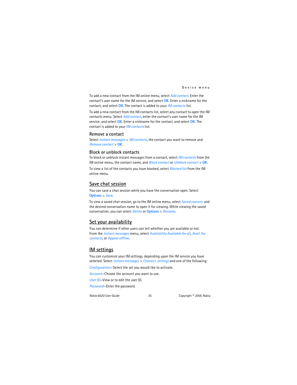 Save chat session, Set your availability, Im settings | Nokia 6020 User Manual | Page 36 / 161