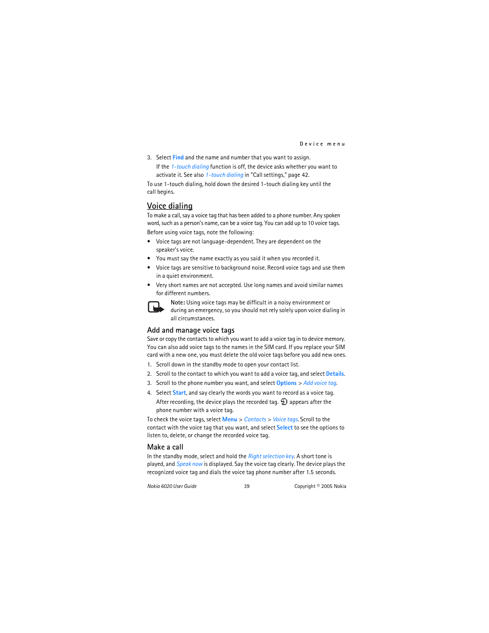 Voice dialing | Nokia 6020 User Manual | Page 40 / 161