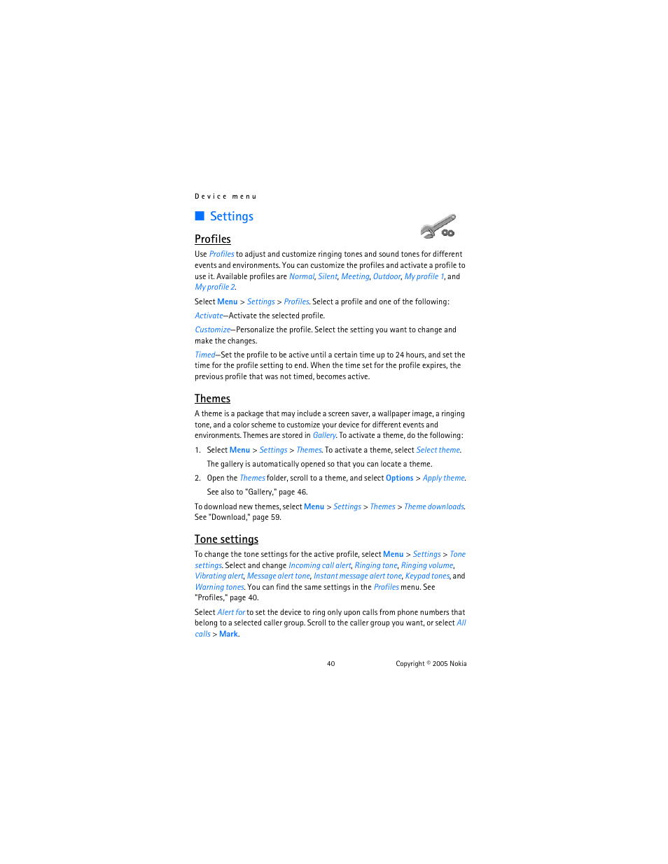 Settings, Profiles, Themes | Tone settings | Nokia 6020 User Manual | Page 41 / 161