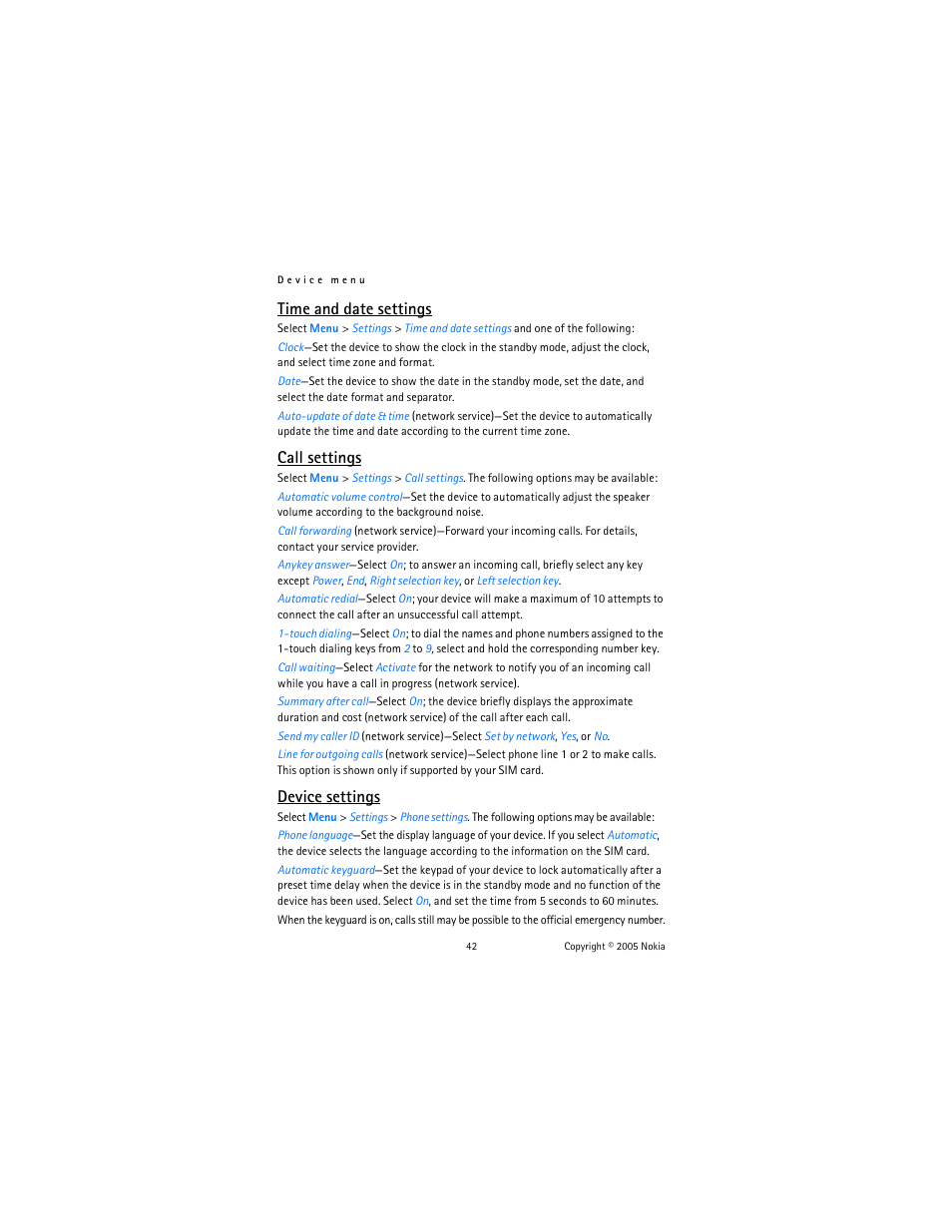 Time and date settings, Call settings, Device settings | Nokia 6020 User Manual | Page 43 / 161
