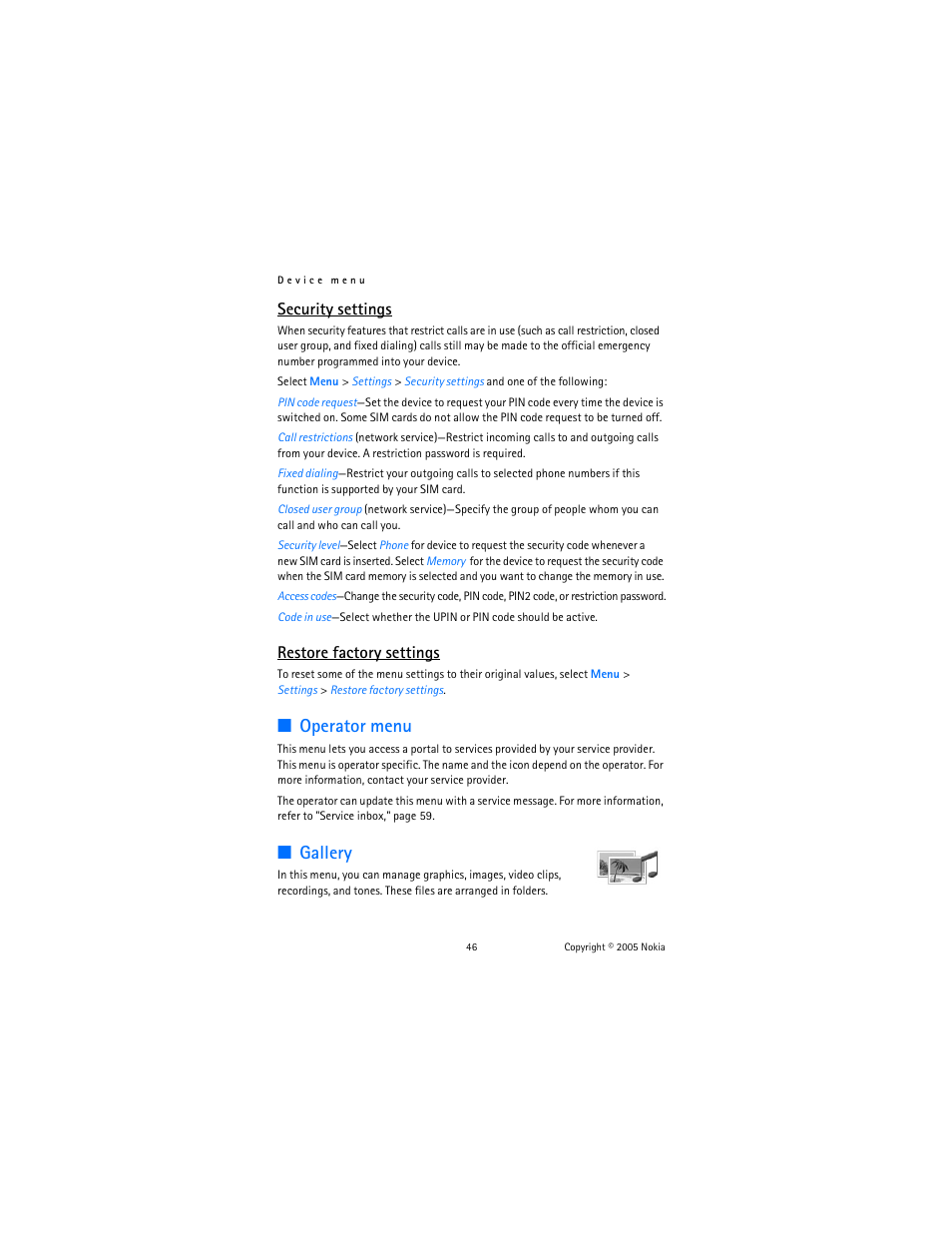 Operator menu, Gallery, Operator menu gallery | Security settings, Restore factory settings | Nokia 6020 User Manual | Page 47 / 161