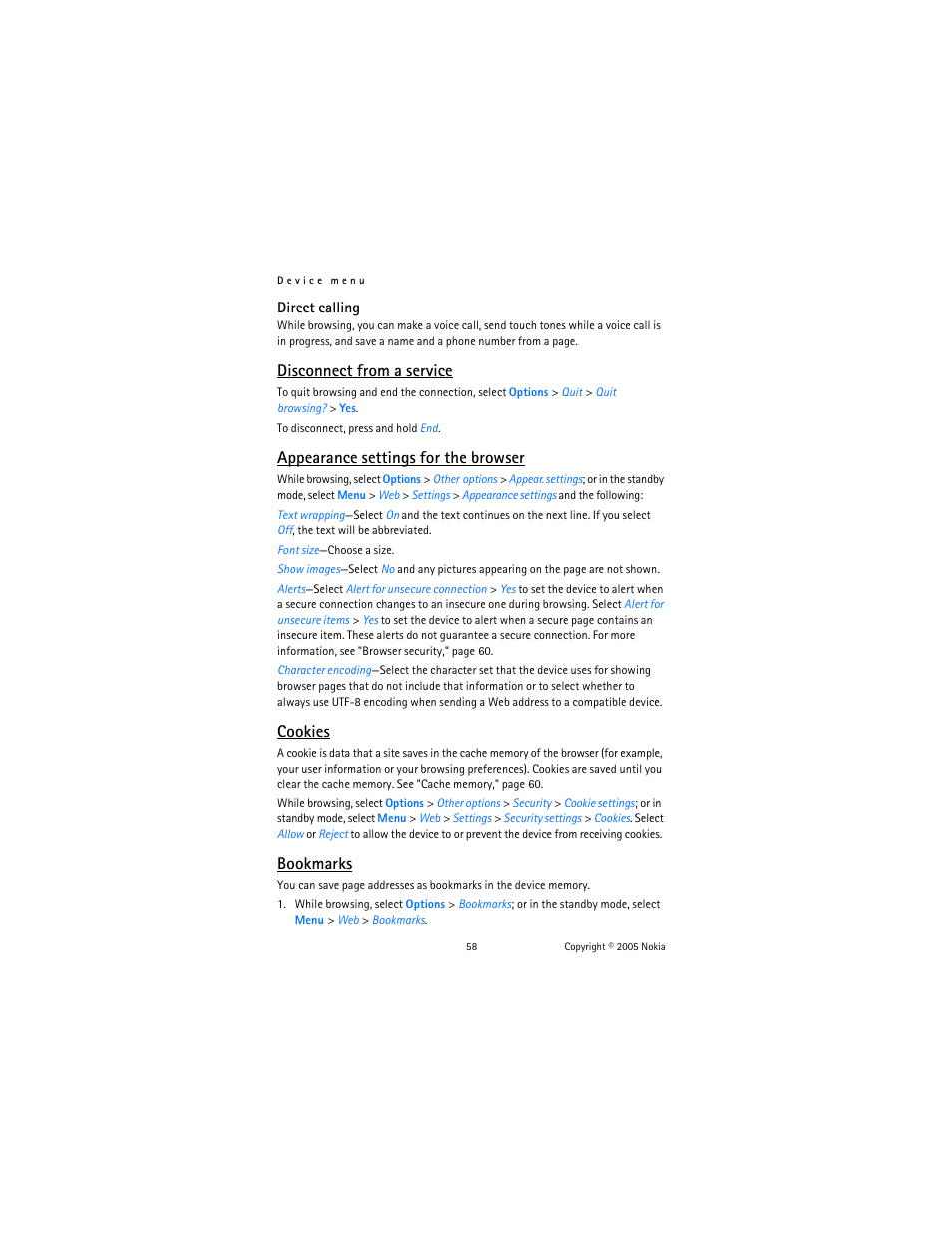 Disconnect from a service, Appearance settings for the browser, Cookies | Bookmarks | Nokia 6020 User Manual | Page 59 / 161