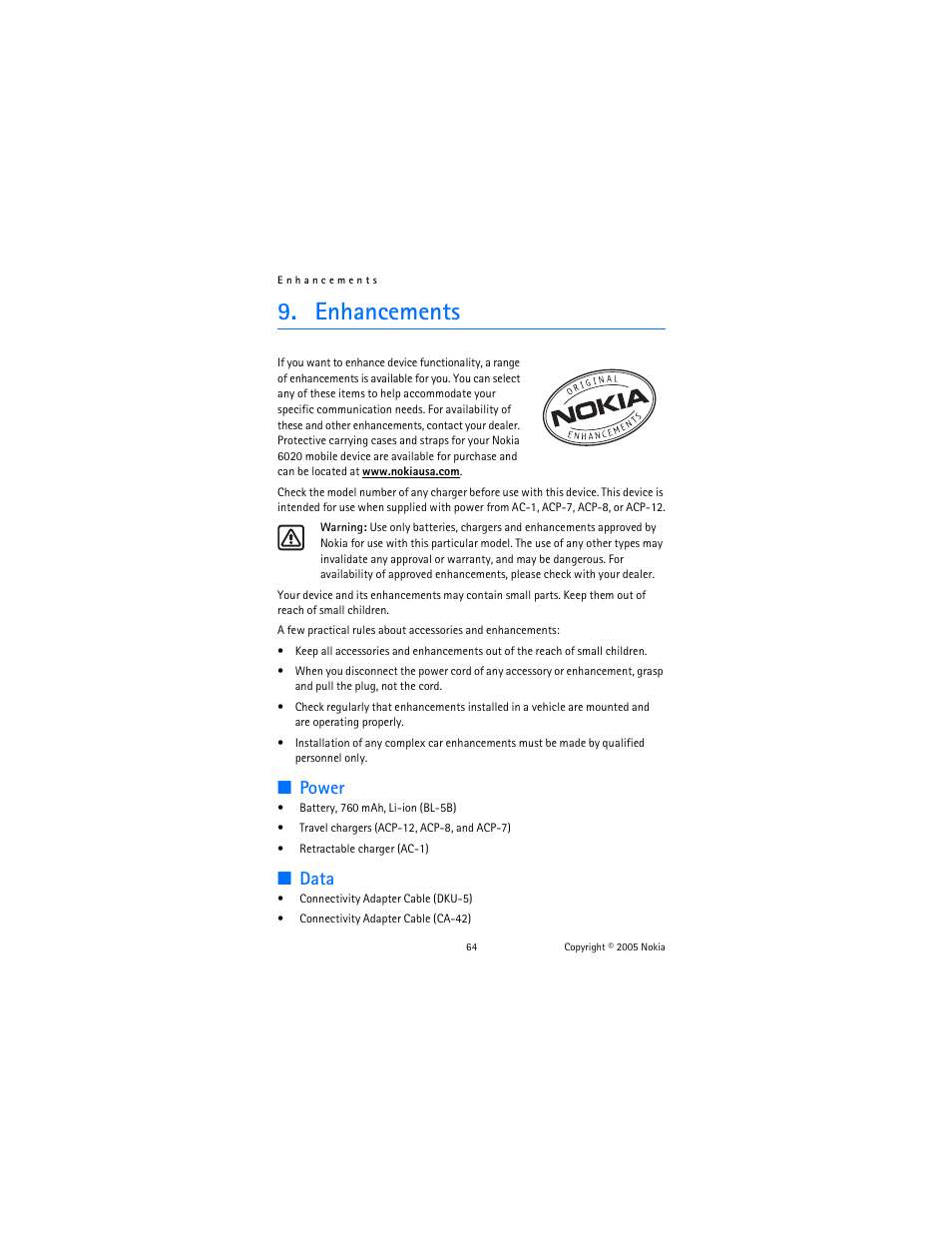 Enhancements, Power, Data | Power data | Nokia 6020 User Manual | Page 65 / 161