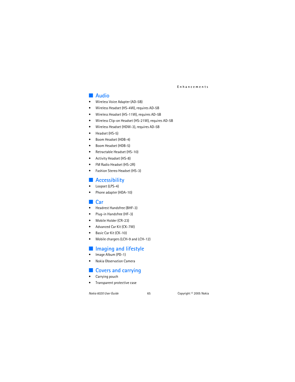 Audio, Accessibility, Imaging and lifestyle | Covers and carrying | Nokia 6020 User Manual | Page 66 / 161