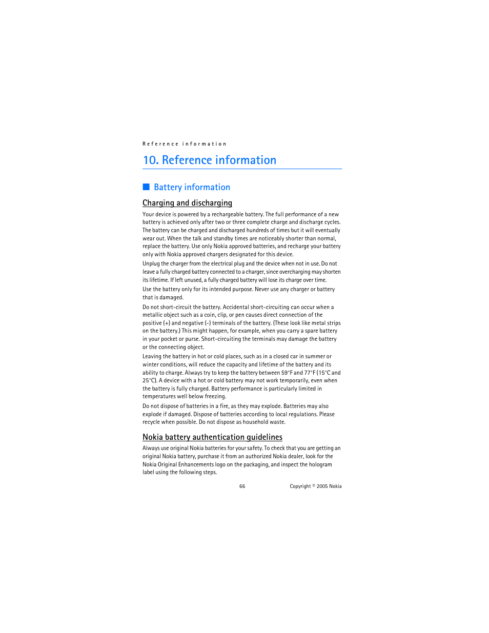 Reference information, Battery information, Charging and discharging | Nokia battery authentication guidelines | Nokia 6020 User Manual | Page 67 / 161