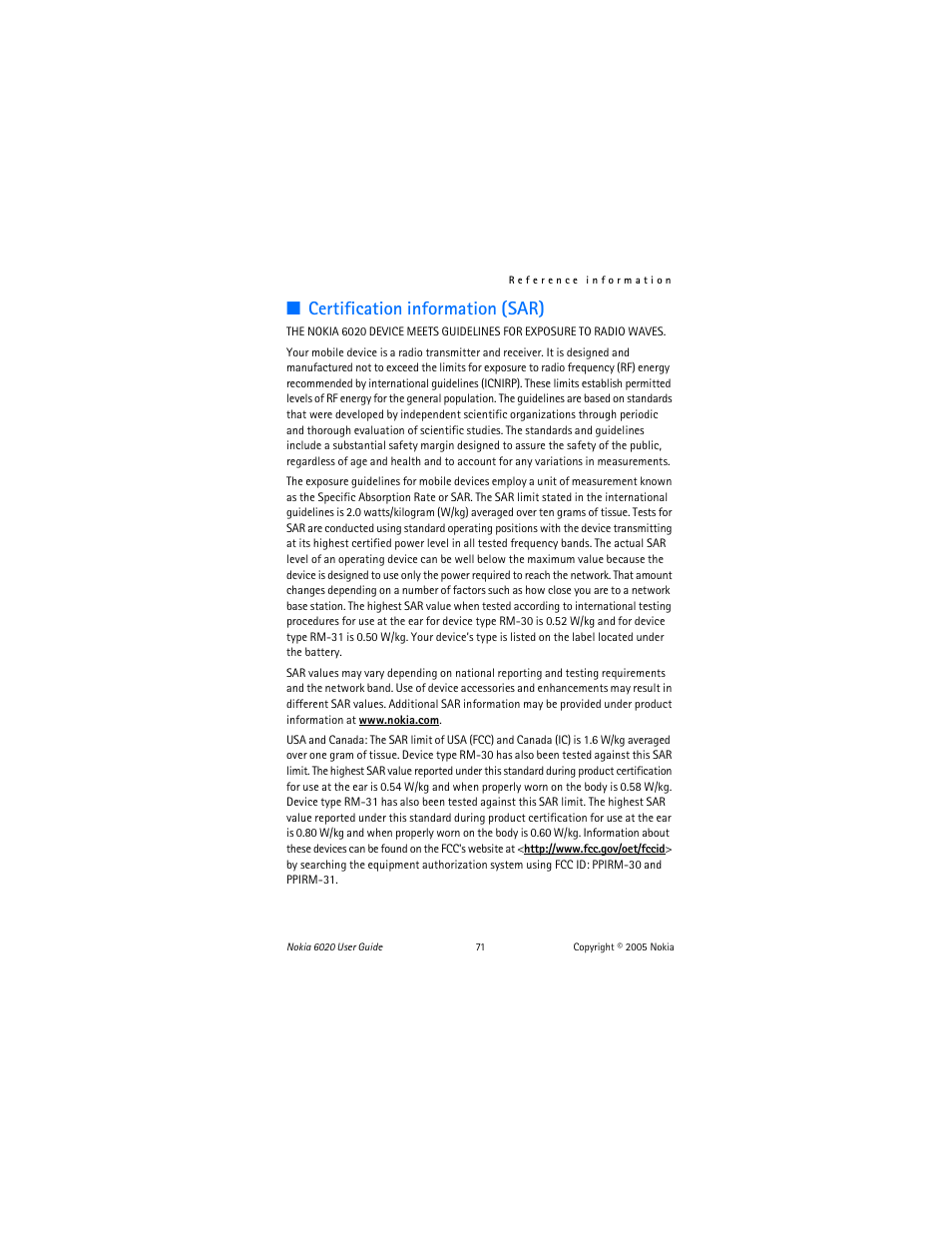 Certification information (sar) | Nokia 6020 User Manual | Page 72 / 161