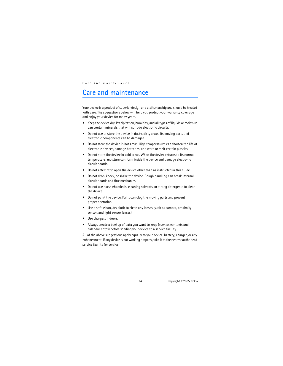 Care and maintenance | Nokia 6020 User Manual | Page 75 / 161