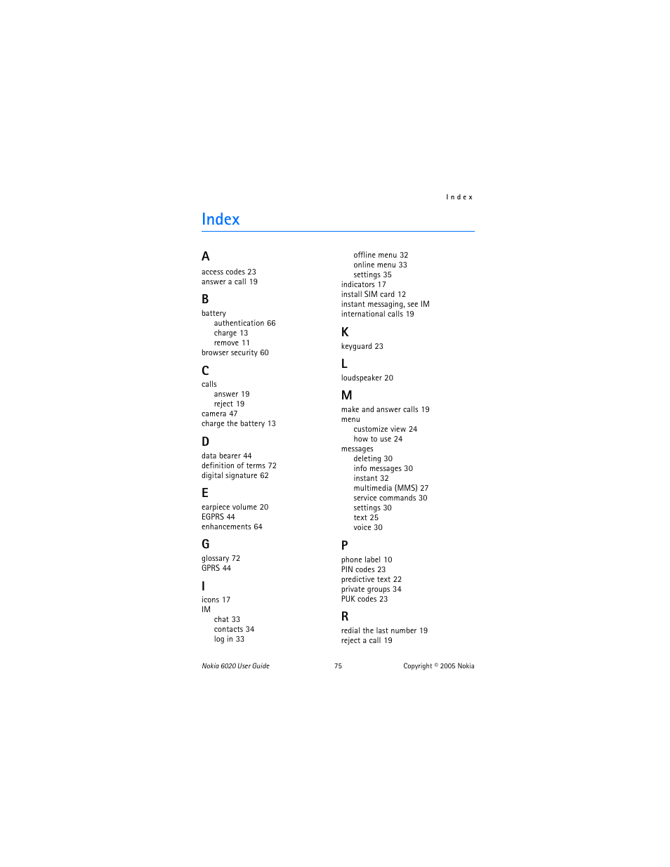Index | Nokia 6020 User Manual | Page 76 / 161