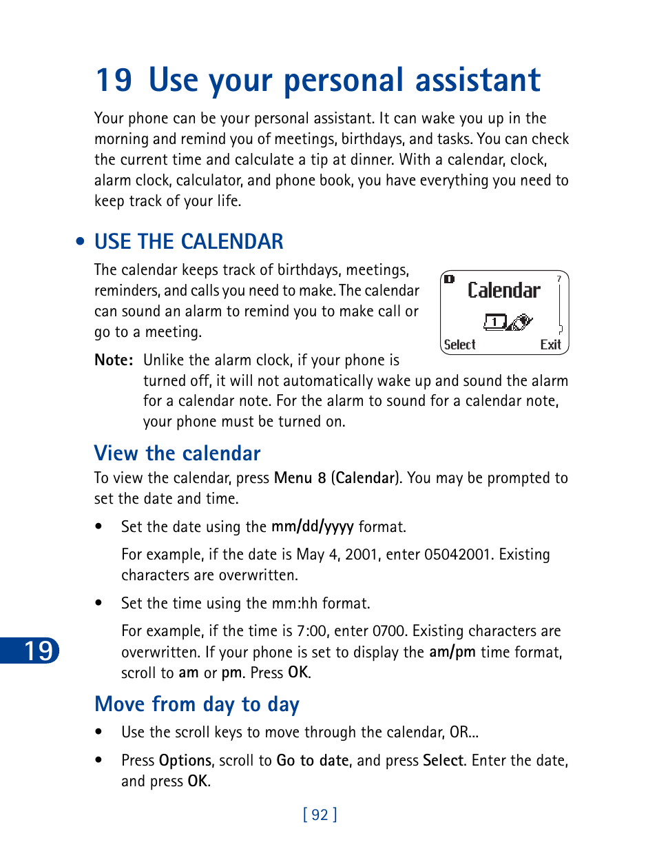19 use your personal assistant, Use the calendar, View the calendar | Move from day to day | Nokia 3285 User Manual | Page 101 / 145