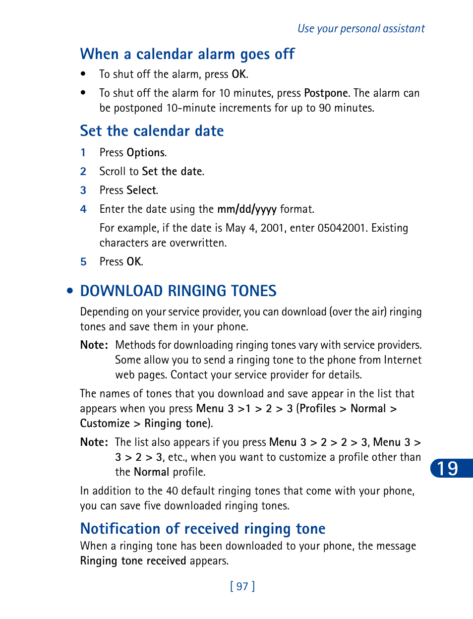 Download ringing tones, When a calendar alarm goes off, Set the calendar date | Notification of received ringing tone | Nokia 3285 User Manual | Page 106 / 145