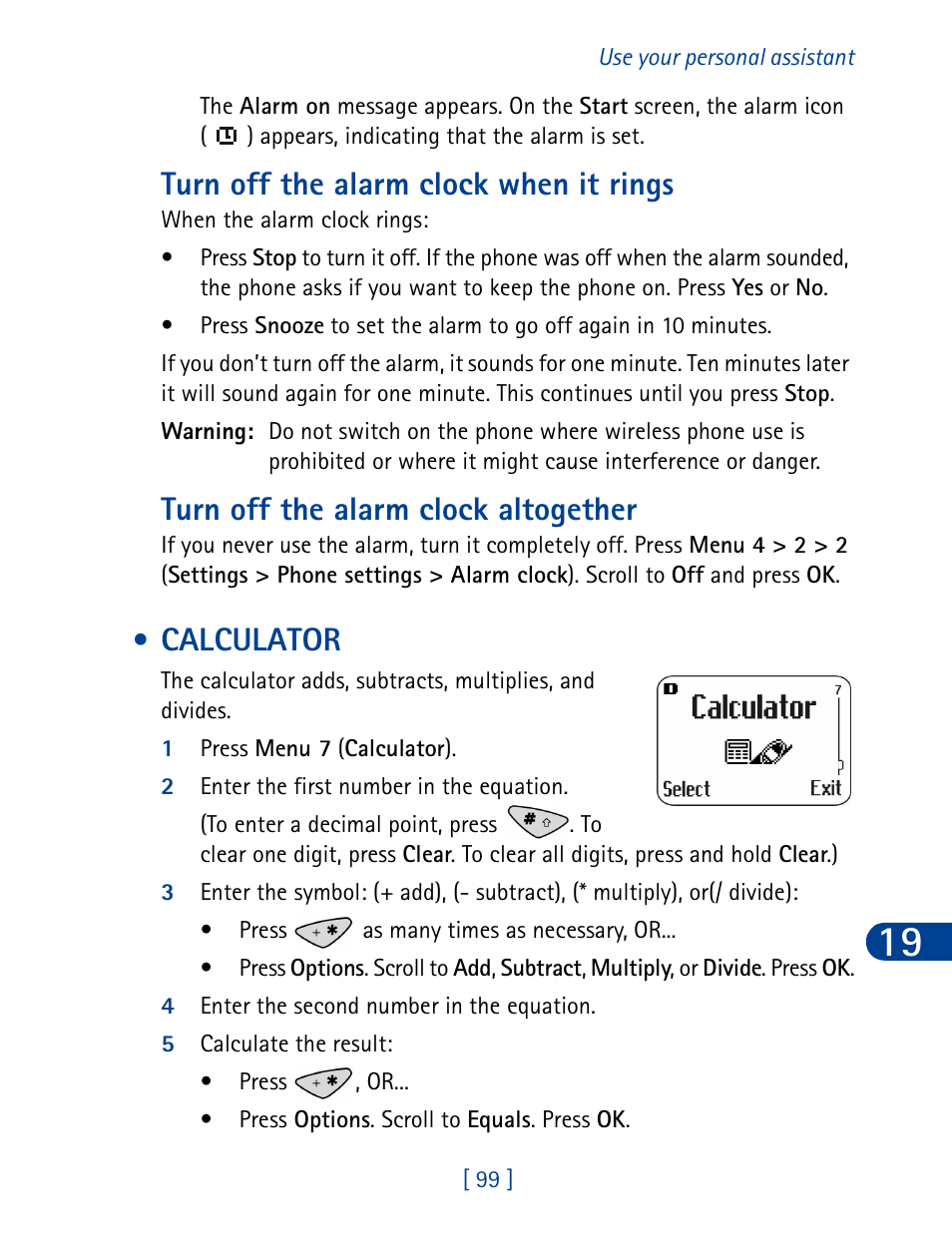 Calculator, Turn off the alarm clock when it rings, Turn off the alarm clock altogether | Nokia 3285 User Manual | Page 108 / 145