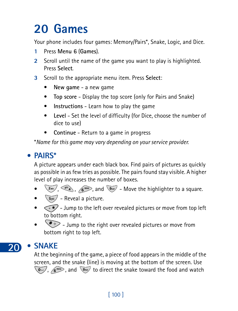 20 games, Pairs, Snake | Pairs* snake | Nokia 3285 User Manual | Page 109 / 145