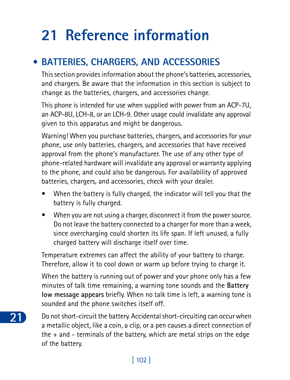 21 reference information, Batteries, chargers, and accessories | Nokia 3285 User Manual | Page 111 / 145