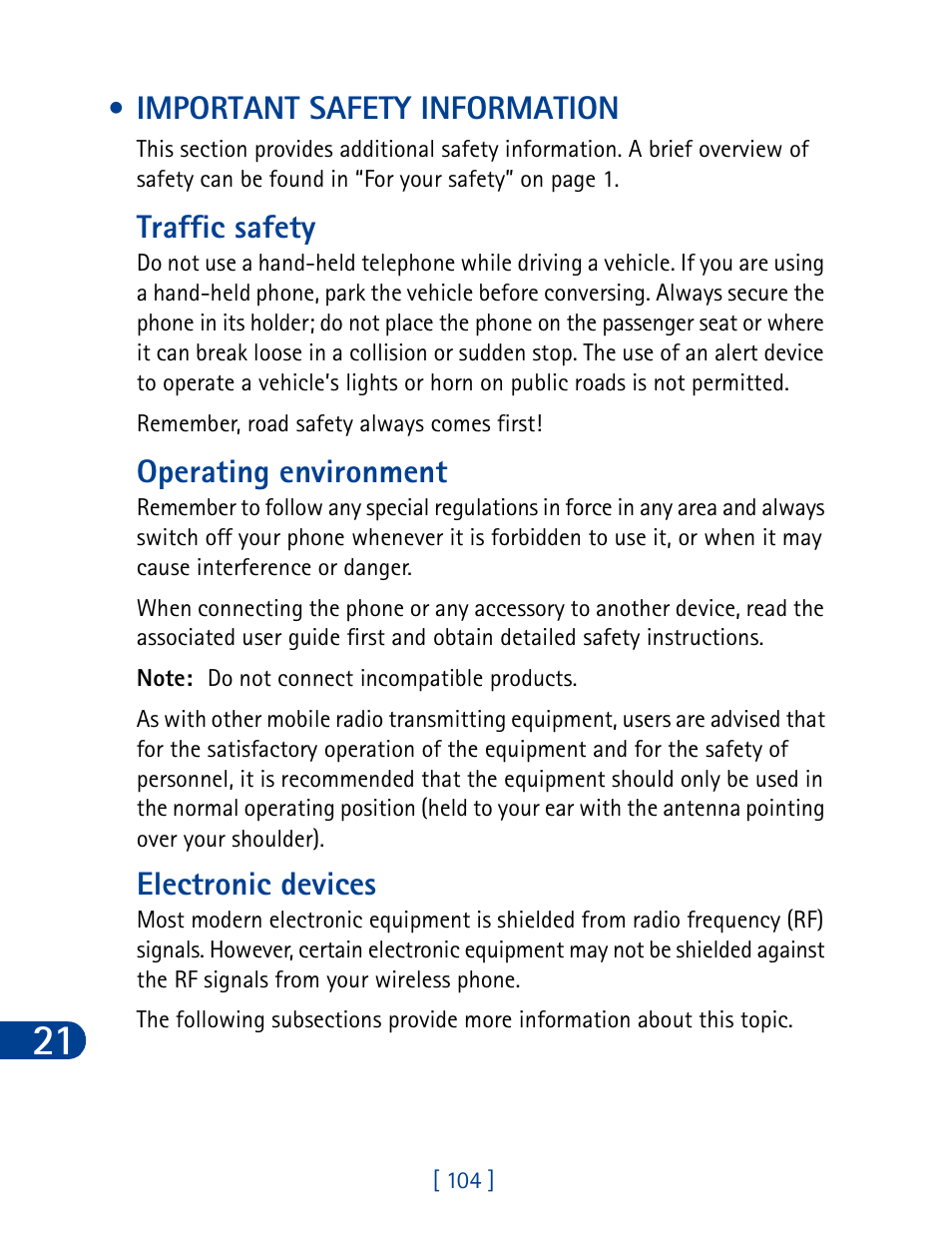 Important safety information, Traffic safety, Operating environment | Electronic devices | Nokia 3285 User Manual | Page 113 / 145