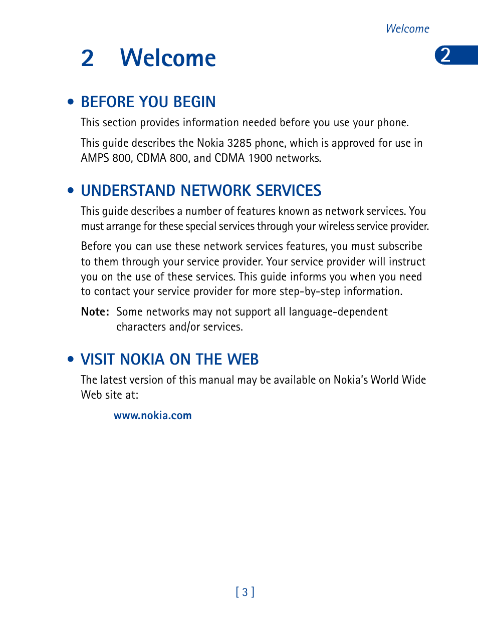 2 welcome, Before you begin, Understand network services | Visit nokia on the web, Welcome, 2welcome | Nokia 3285 User Manual | Page 12 / 145