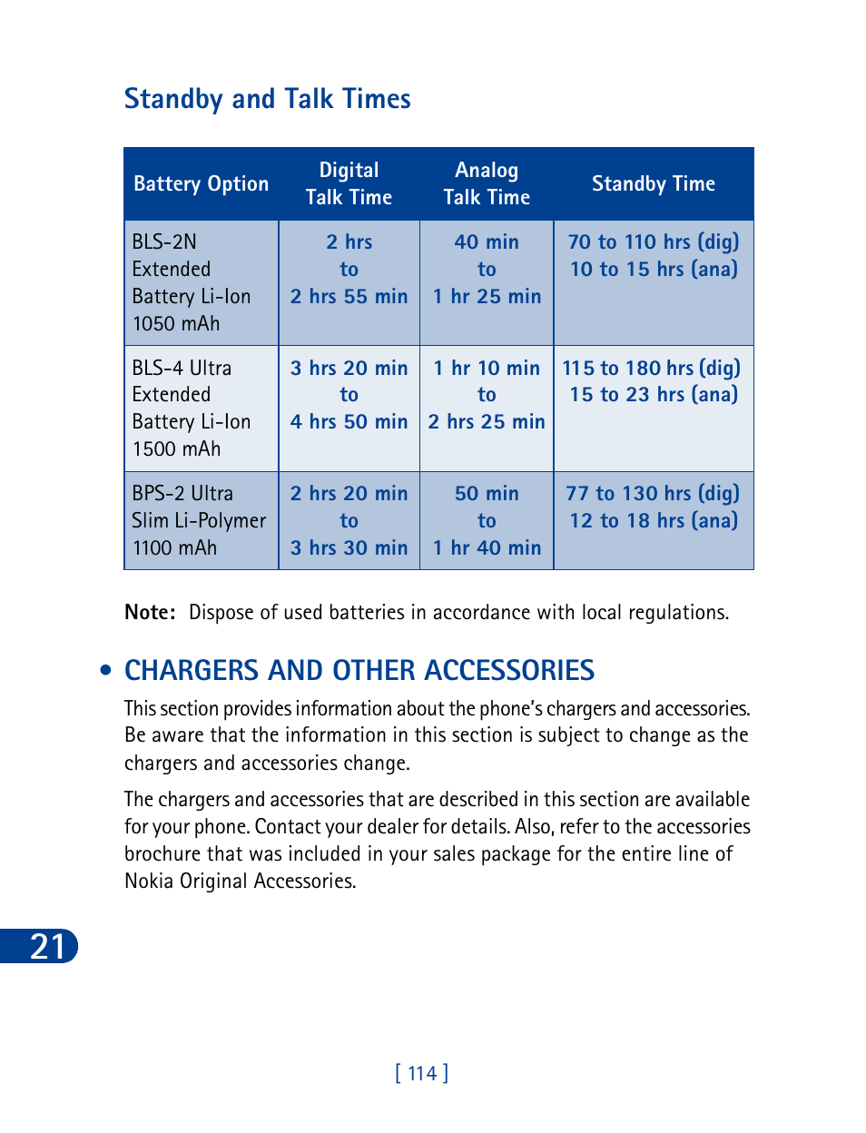 Chargers and other accessories, Standby and talk times | Nokia 3285 User Manual | Page 123 / 145