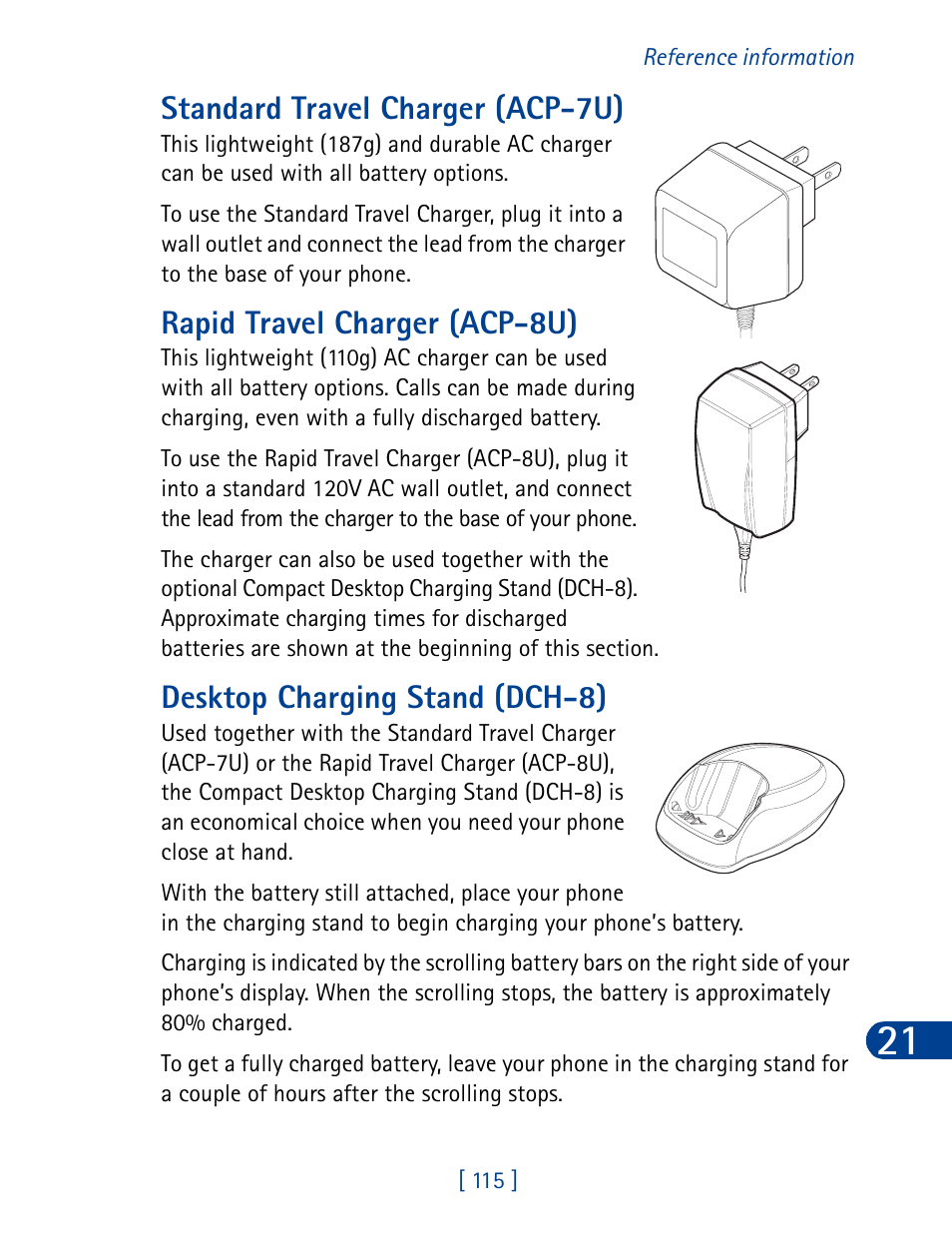 Standard travel charger (acp-7u), Rapid travel charger (acp-8u), Desktop charging stand (dch-8) | Nokia 3285 User Manual | Page 124 / 145