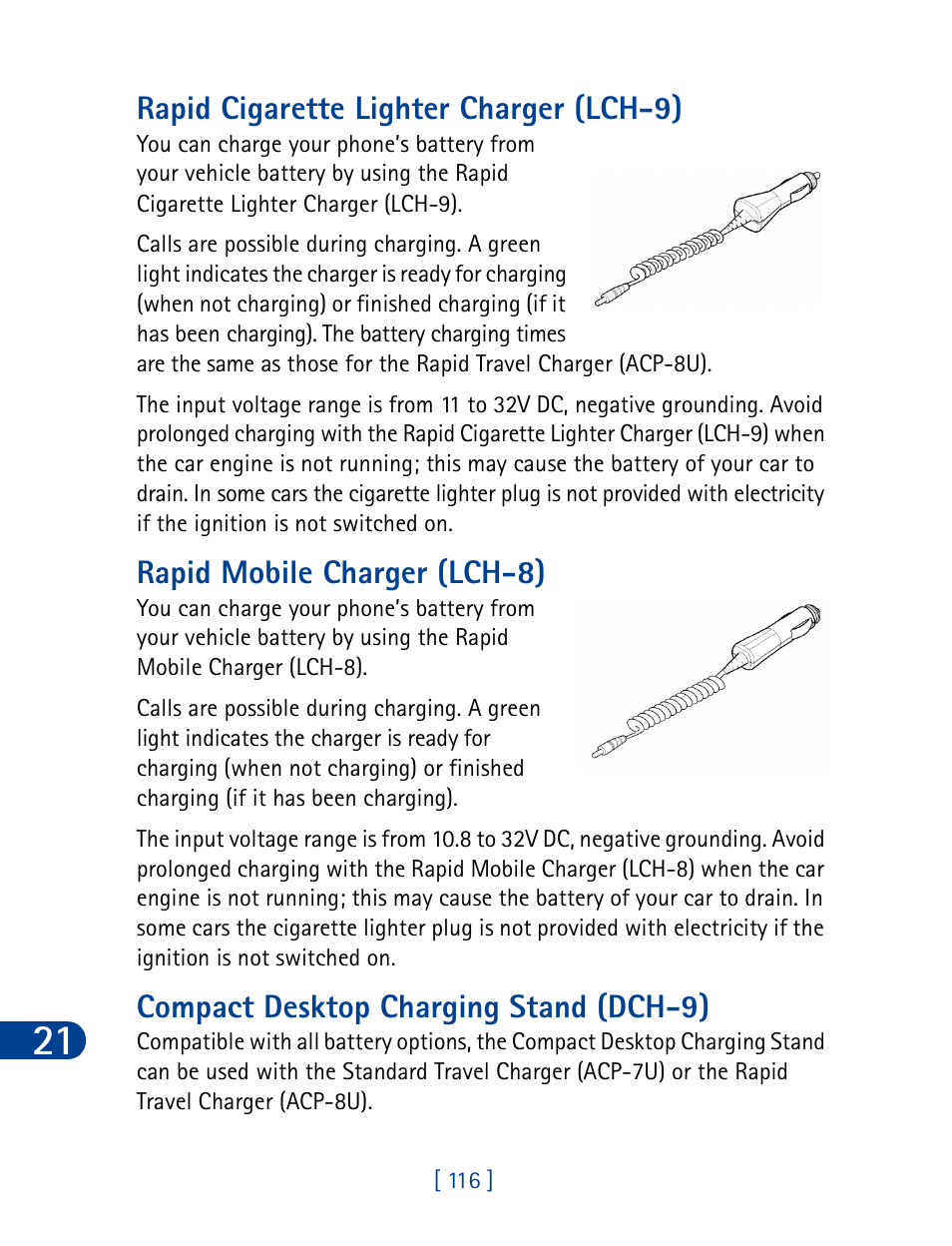 Rapid cigarette lighter charger (lch-9), Rapid mobile charger (lch-8), Compact desktop charging stand (dch-9) | Nokia 3285 User Manual | Page 125 / 145