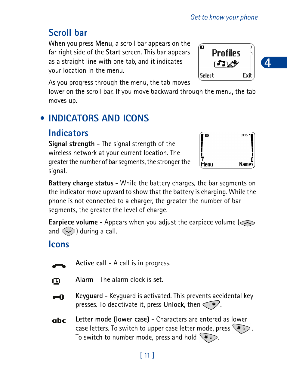 Indicators and icons, Scroll bar, Indicators and icons indicators | Icons | Nokia 3285 User Manual | Page 20 / 145