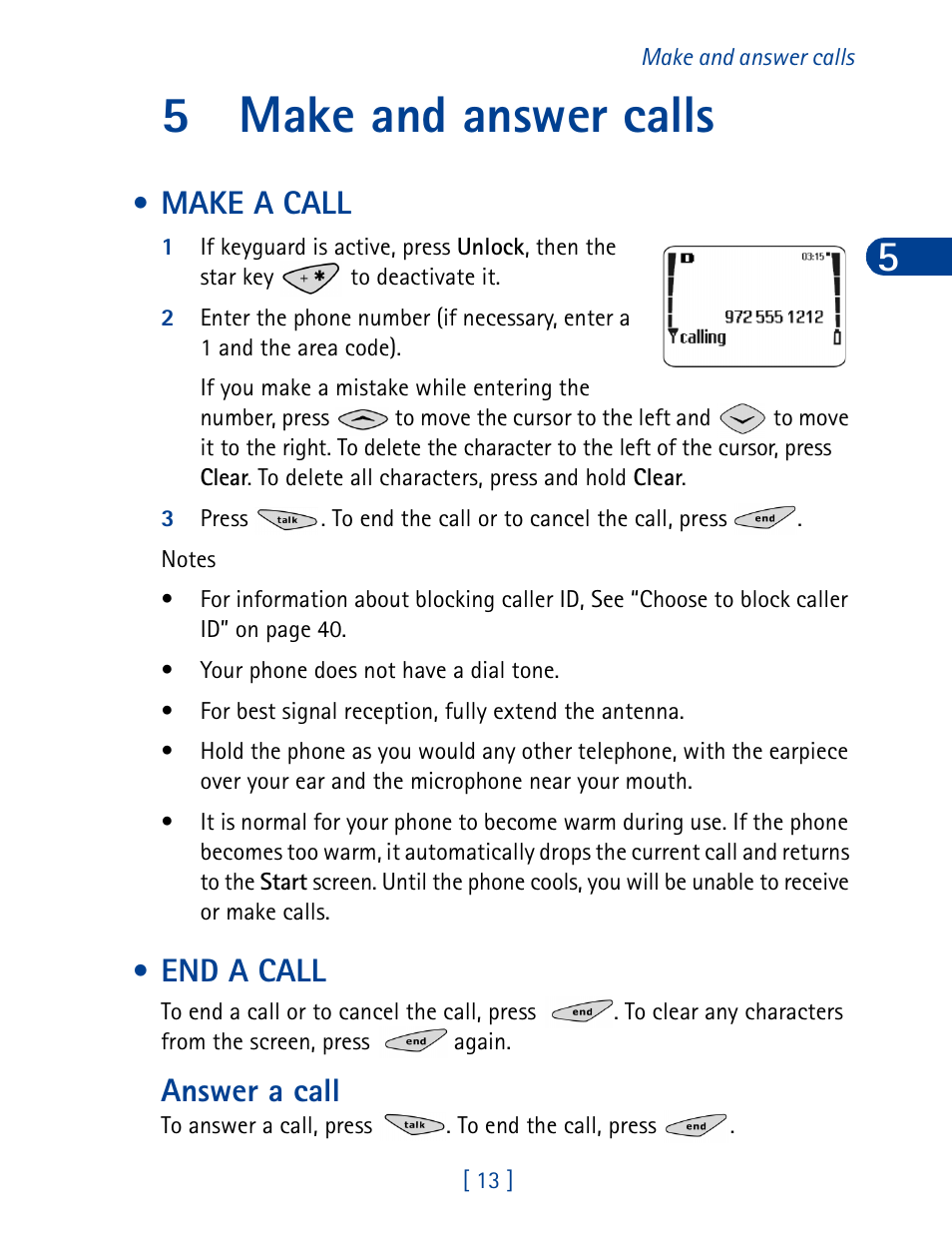 5 make and answer calls, Make a call, End a call | Make and answer calls, Make a call end a call, 5make and answer calls, Answer a call | Nokia 3285 User Manual | Page 22 / 145