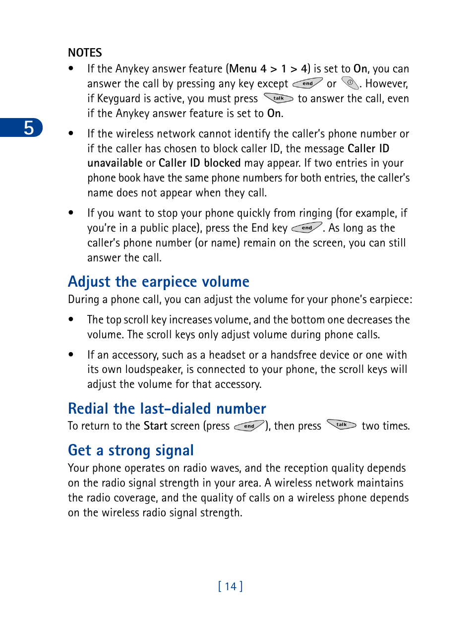 Adjust the earpiece volume, Redial the last-dialed number, Get a strong signal | Nokia 3285 User Manual | Page 23 / 145