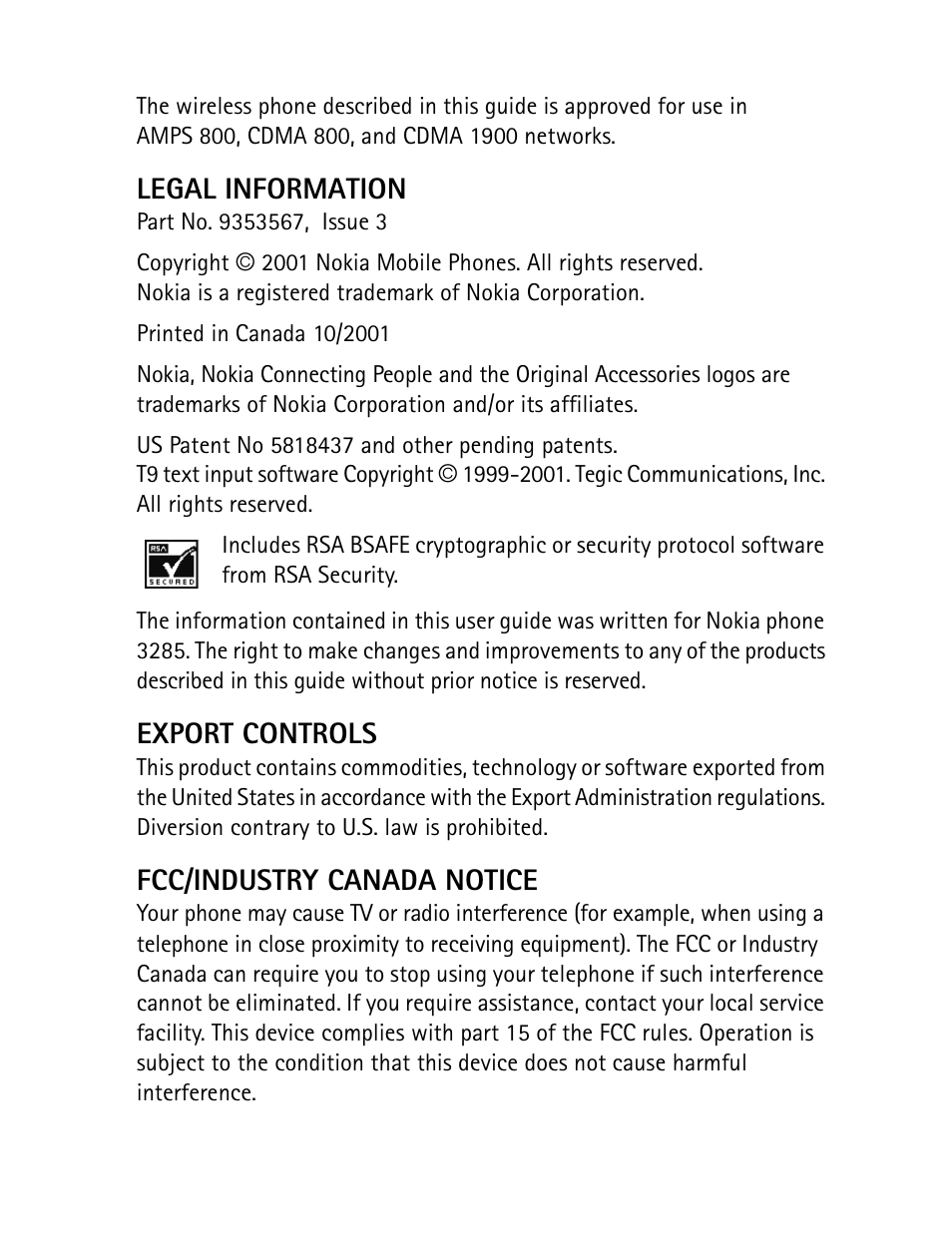 Legal information, Export controls, Fcc/industry canada notice | Nokia 3285 User Manual | Page 3 / 145