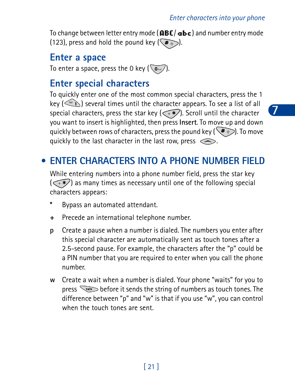 Enter characters into a phone number field, Enter a space, Enter special characters | Nokia 3285 User Manual | Page 30 / 145