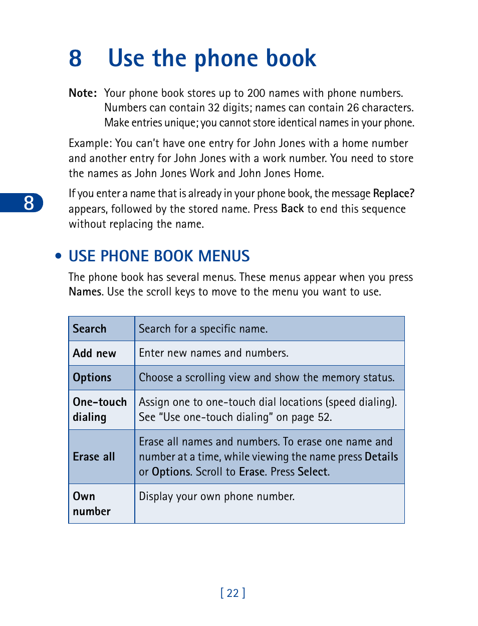 8 use the phone book, Use phone book menus, Use the phone book | 8use the phone book | Nokia 3285 User Manual | Page 31 / 145