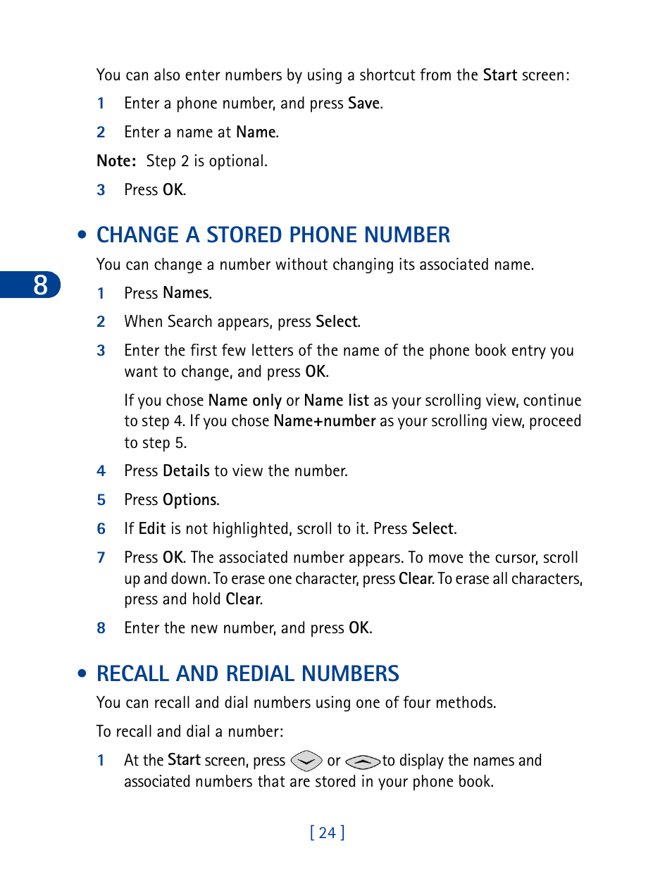 Change a stored phone number, Recall and redial numbers | Nokia 3285 User Manual | Page 33 / 145