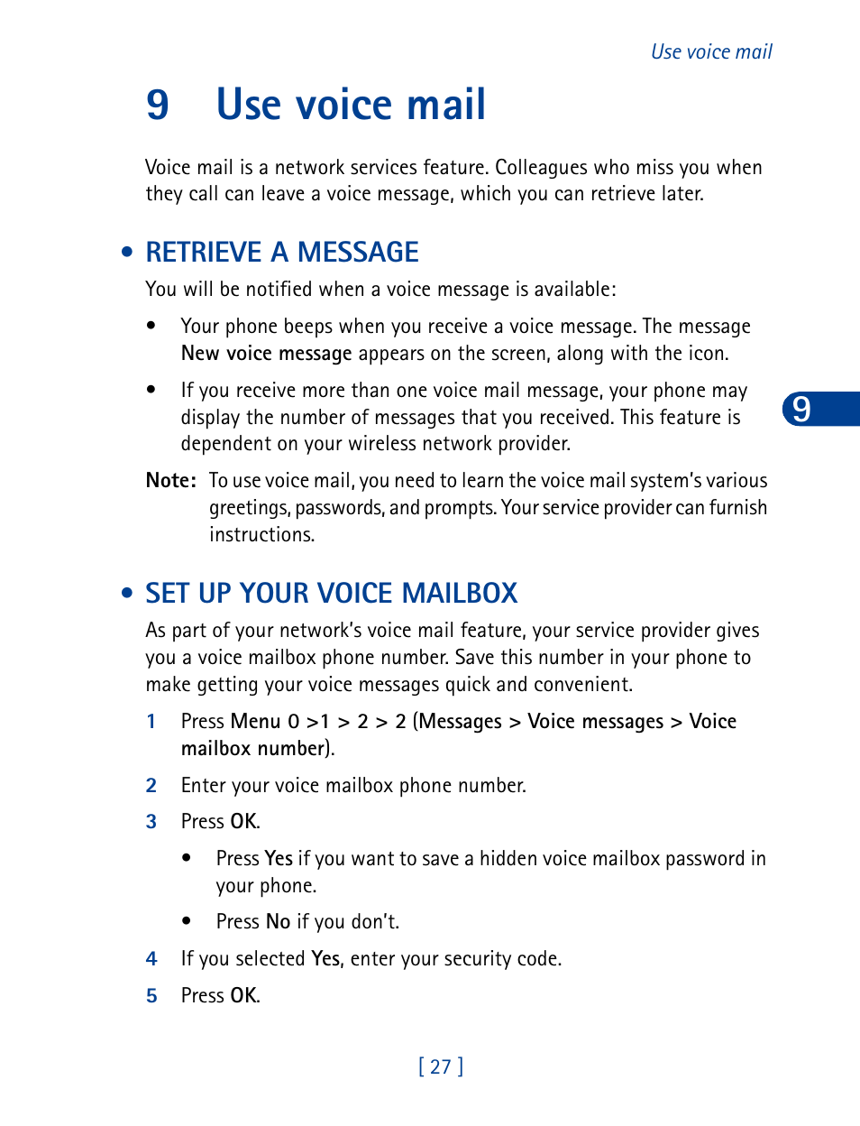 9 use voice mail, Retrieve a message, Set up your voice mailbox | Use voice mail, Retrieve a message set up your voice mailbox, Rename profiles, 9use voice mail | Nokia 3285 User Manual | Page 36 / 145