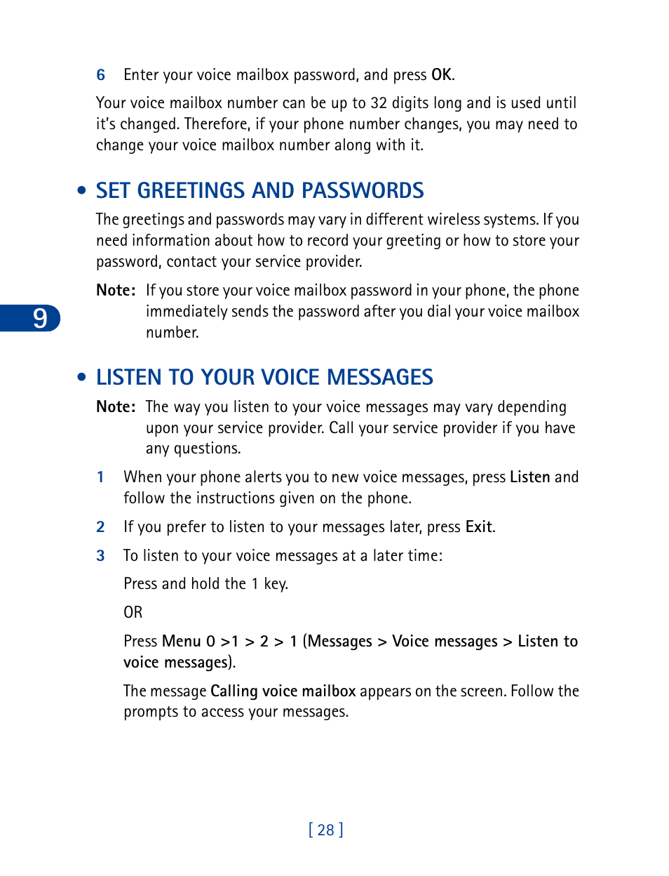 Set greetings and passwords, Listen to your voice messages | Nokia 3285 User Manual | Page 37 / 145