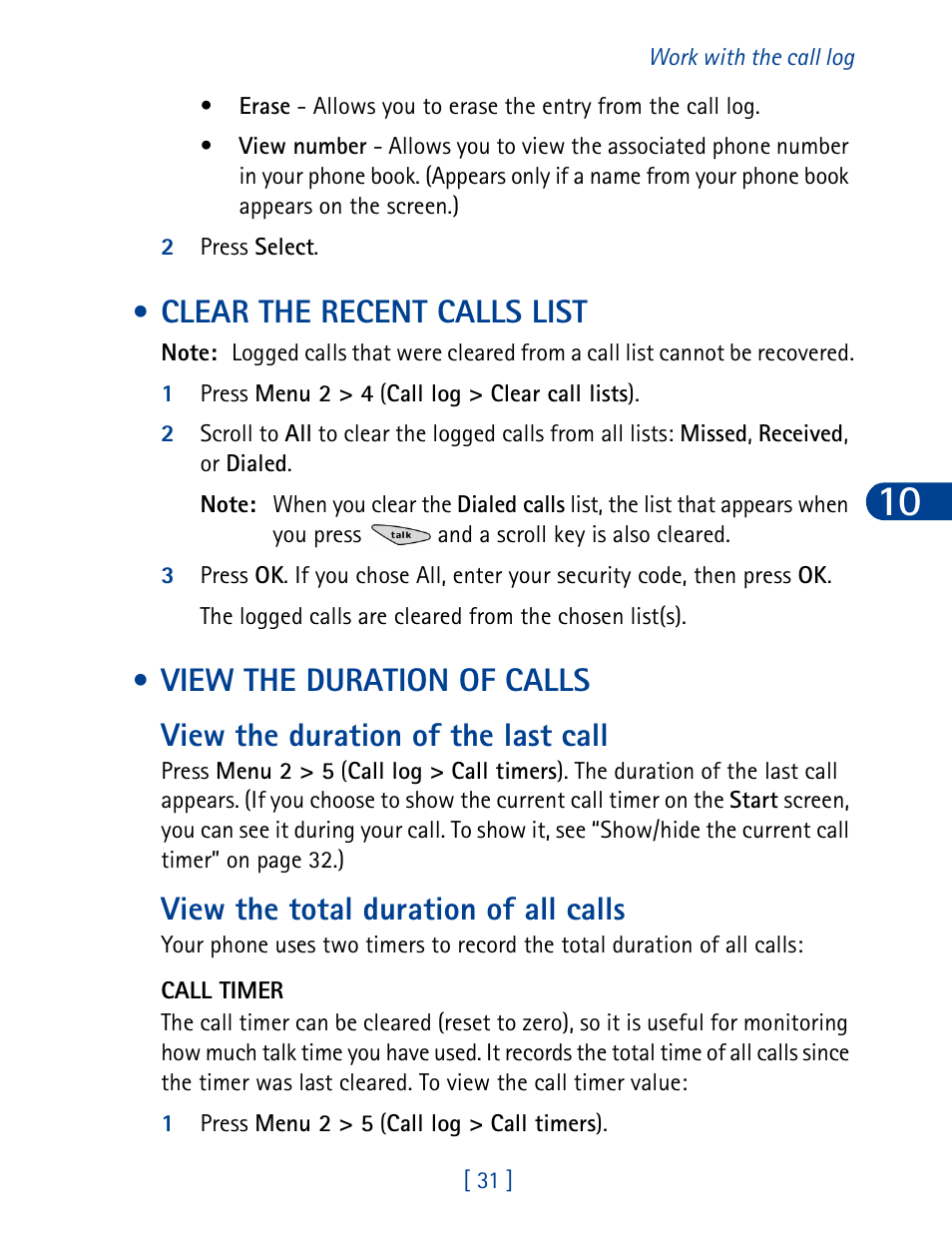 Clear the recent calls list, View the duration of calls, View the total duration of all calls | Nokia 3285 User Manual | Page 40 / 145