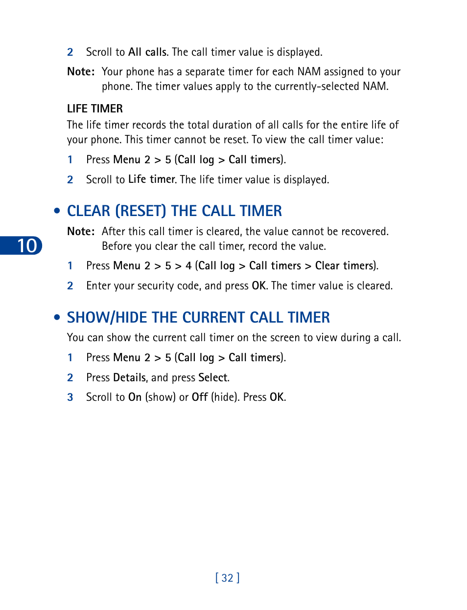 Clear (reset) the call timer, Show/hide the current call timer | Nokia 3285 User Manual | Page 41 / 145