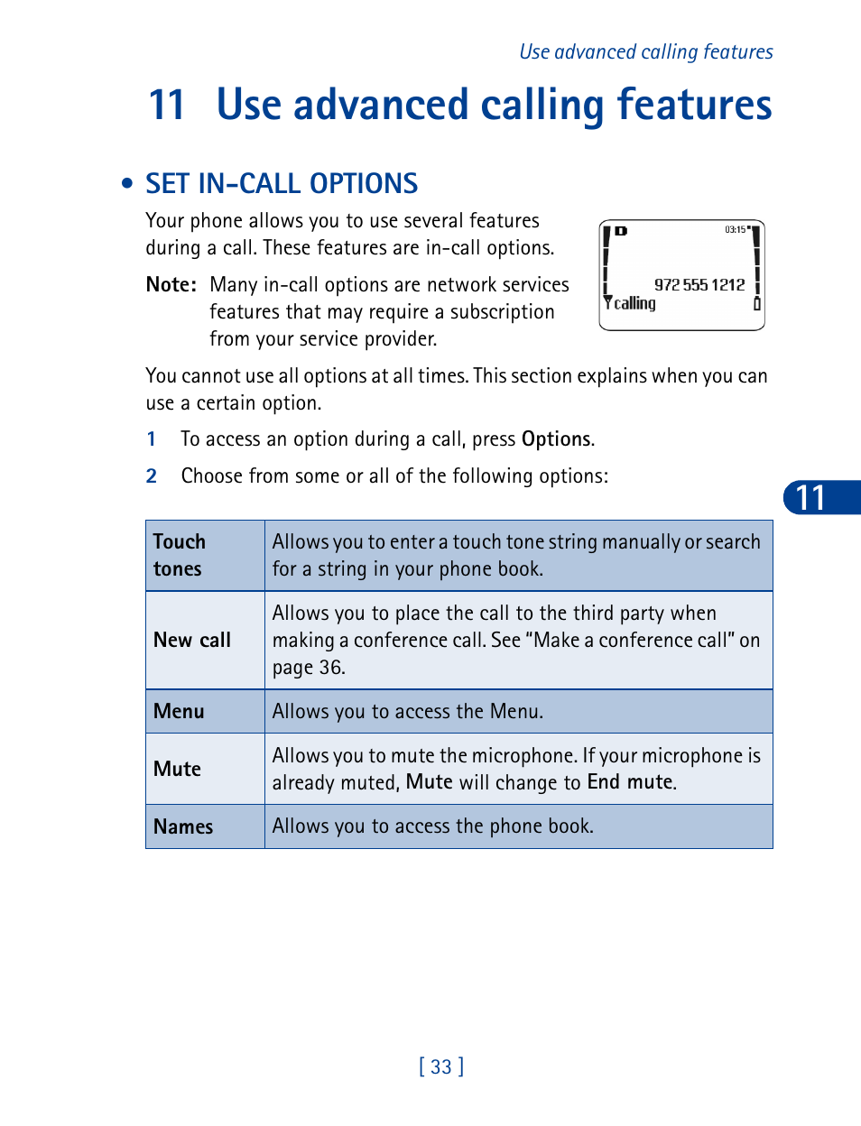 11 use advanced calling features, Set in-call options | Nokia 3285 User Manual | Page 42 / 145