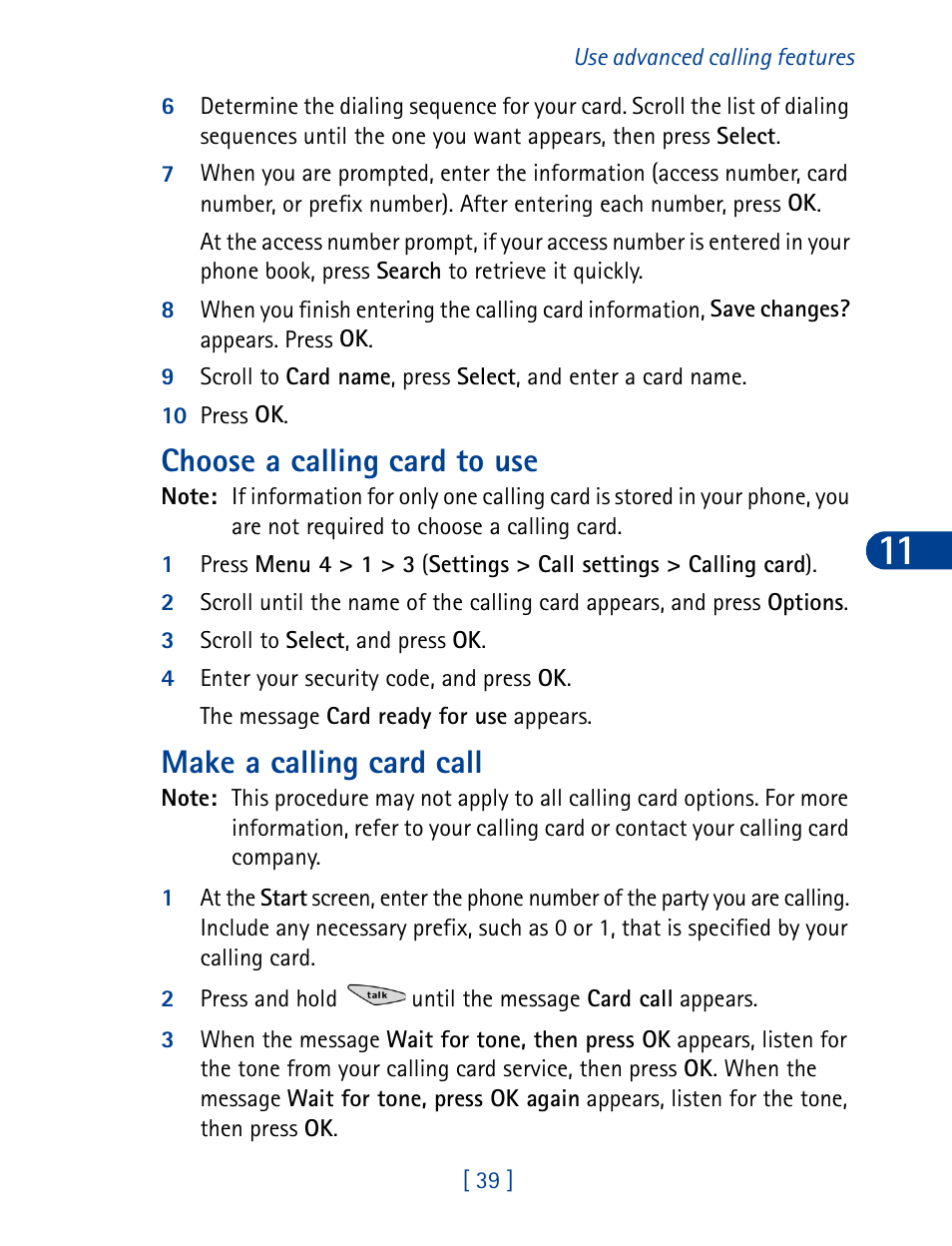 Choose a calling card to use, Make a calling card call | Nokia 3285 User Manual | Page 48 / 145