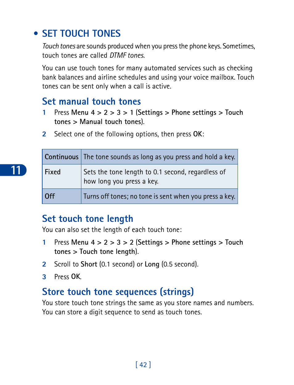 Set touch tones, Set manual touch tones, Set touch tone length | Store touch tone sequences (strings) | Nokia 3285 User Manual | Page 51 / 145