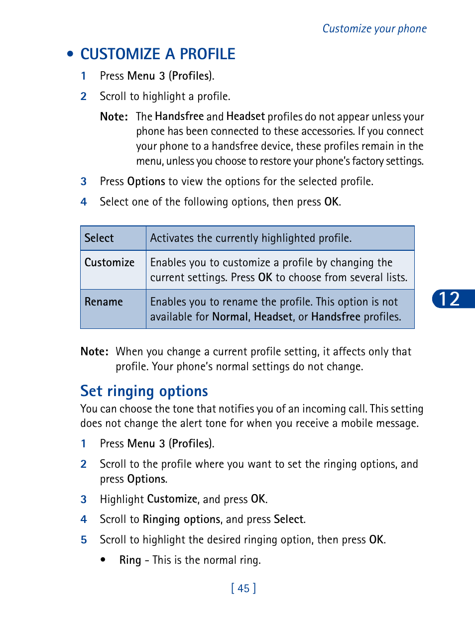 Customize a profile, Set ringing options | Nokia 3285 User Manual | Page 54 / 145