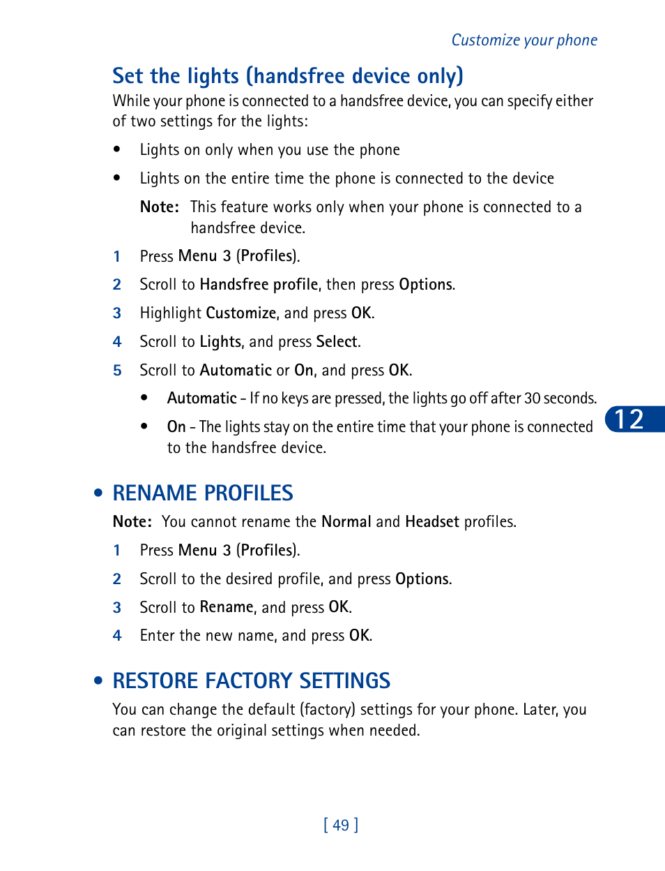 Rename profiles, Restore factory settings, Forward a message | Set the lights (handsfree device only) | Nokia 3285 User Manual | Page 58 / 145