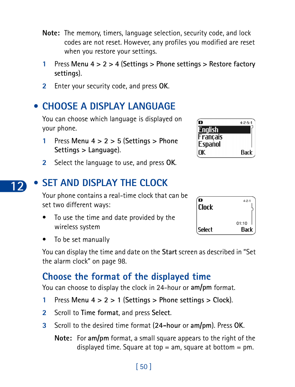 Choose a display language, Set and display the clock, Choose the format of the displayed time | Nokia 3285 User Manual | Page 59 / 145