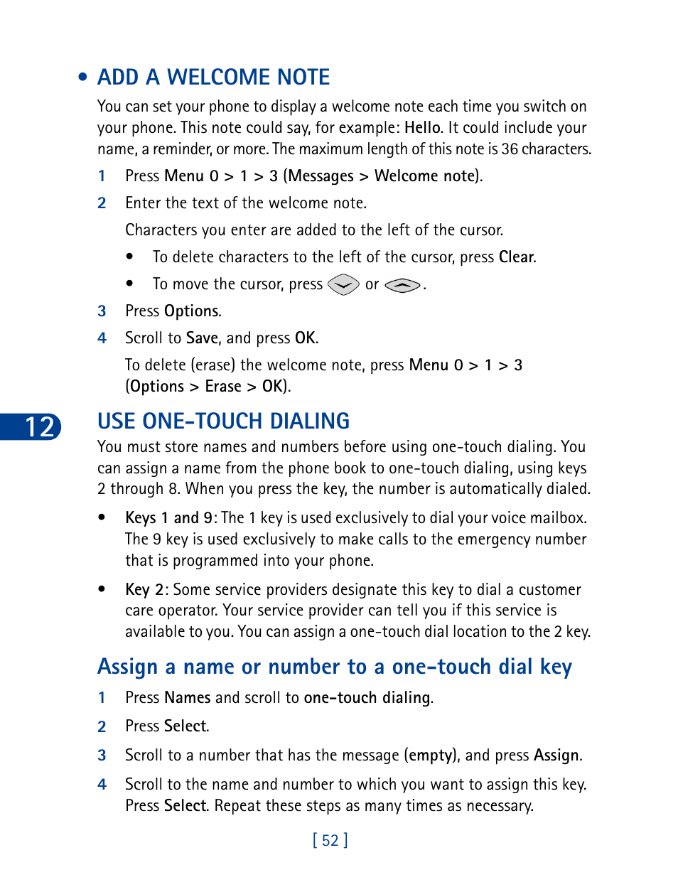 Add a welcome note, Use one-touch dialing, Assign a name or number to a one-touch dial key | Nokia 3285 User Manual | Page 61 / 145