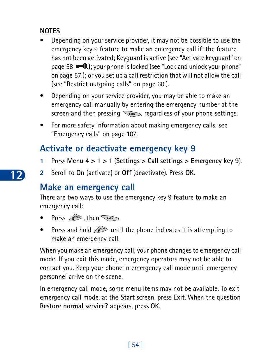 Activate or deactivate emergency key 9, Make an emergency call | Nokia 3285 User Manual | Page 63 / 145